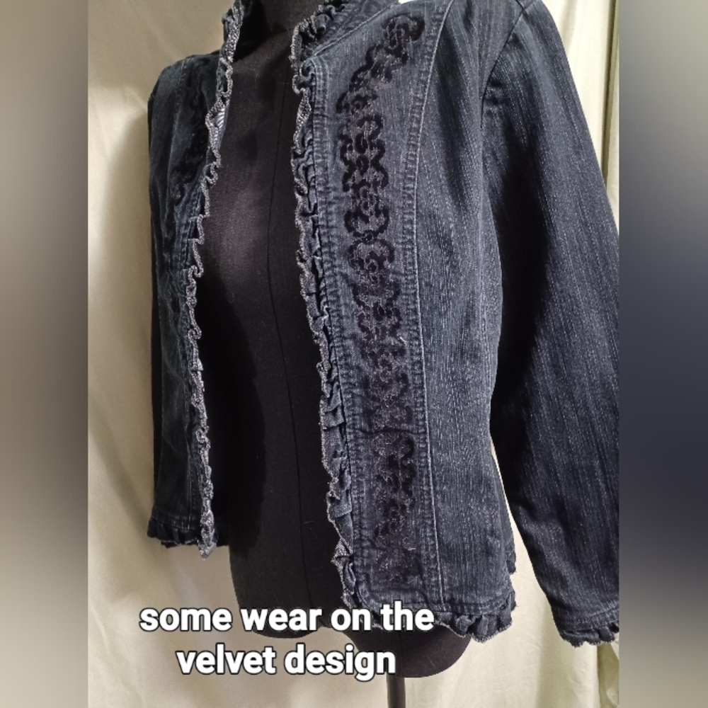 Petite Sophisticate Blue Denim Ruffle-Trim Jean Jacket Velvet Detail Design - Picture 6 of 14